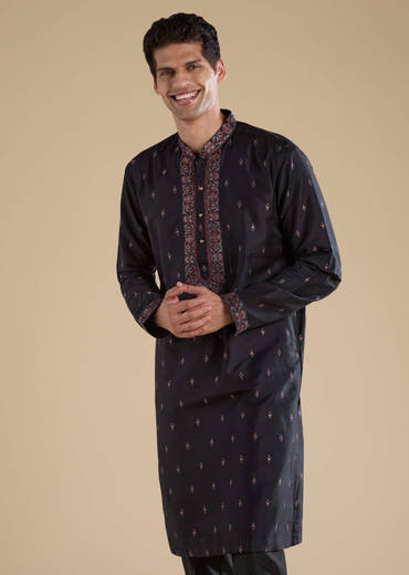 Black Embroidered Mens Kurta Set with Kashmiri Print Dupatta