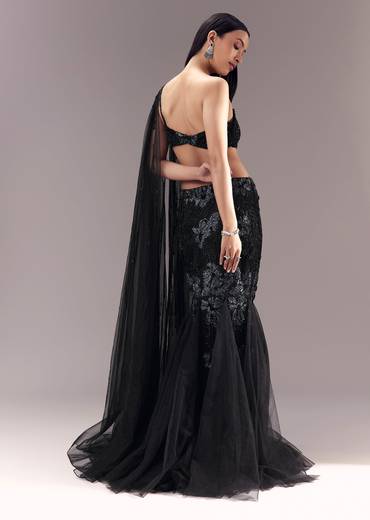 Black Fishcut Lehenga with Draped Blouse