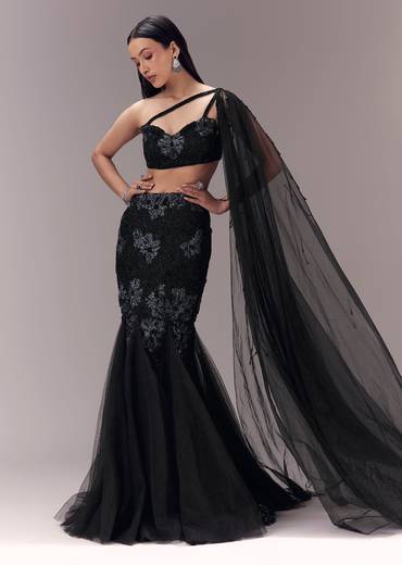 Black Fishcut Lehenga with Draped Blouse