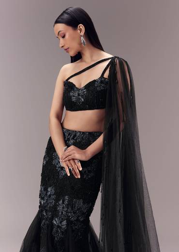 Black Fishcut Lehenga with Draped Blouse