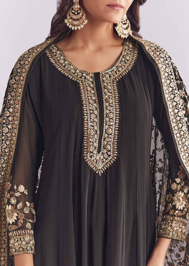 Black Georgette Anarkali Suit With Thread And Sequins Work