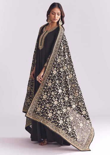 Black Georgette Anarkali Suit With Thread And Sequins Work