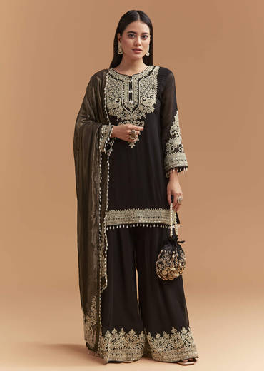 Black Georgette Palazzo Suit With Moti And Zari Work