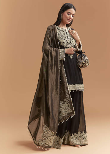 Black Georgette Palazzo Suit With Moti And Zari Work