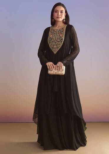 Black Georgette Palazzo Suit With Sequins And Resham Embroidery