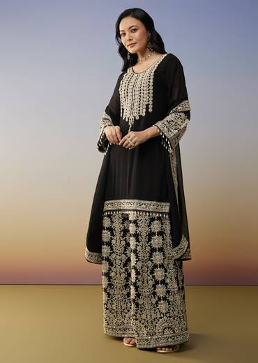 Black Georgette Palazzo Suits with Zari Work