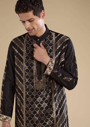 Black Handwoven Jacquard Silk Mens Kurta Pant Set