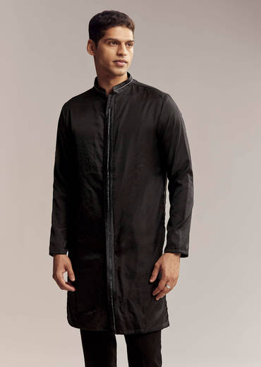Black Imported Organza Indo Western For Men With Heavy Embroidery