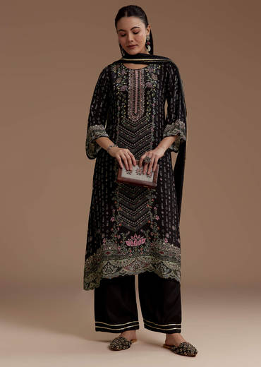 Black Indie Print Kurta Set with Stone Work