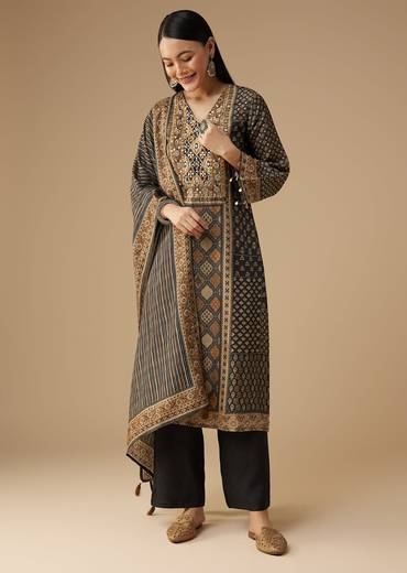 Black Indie Printed Silk Kurta Pant Set