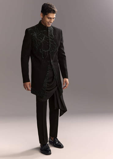 Black Indo Western Set For Men With Heavy Hand Work
