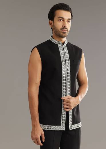 Black Indo Western Set With Embroidery On Japanese Fabric
