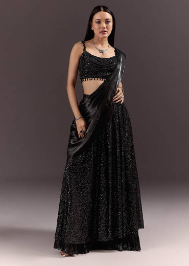Black Indowestern Sharara Suit With Cowl Blouse With Attached Pallu Attached