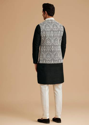 Black Kurta Jacket Set With Resham Work And Hand Embroidered Collar