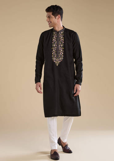 Black Linen Embroidered Mens Kurta Set