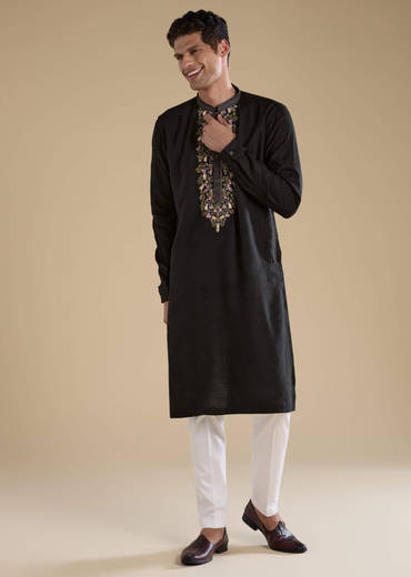Black Linen Embroidered Mens Kurta Set