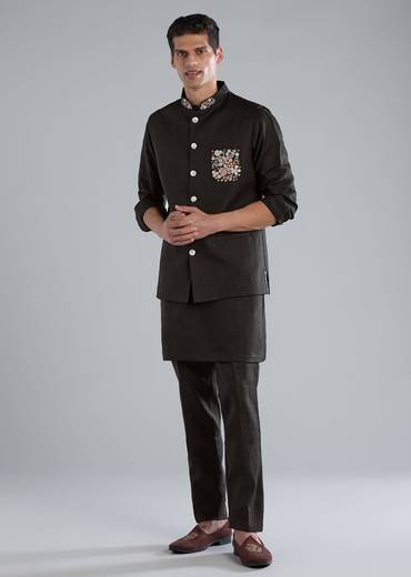 Black Linen Kurta Jacket Set With Thread Resham Work