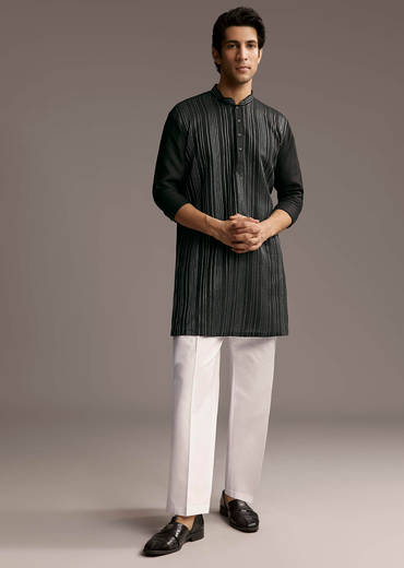 Black Linen Kurta Set For Men With Resham Embroidery