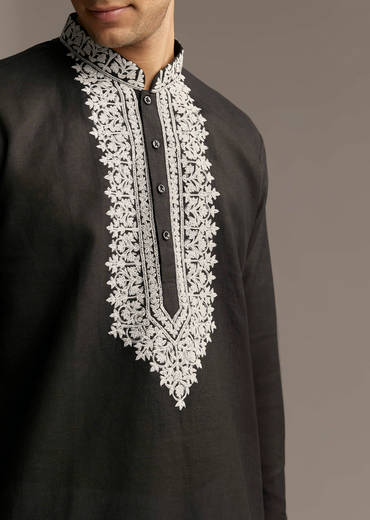 Black Linen Kurta Set For Men With Thread And Resham Work