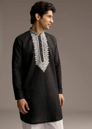 Black Linen Kurta Set For Men With Thread And Resham Work