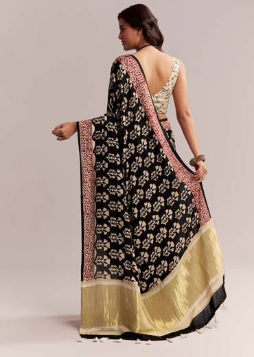 Black Linen Printed Saree With Hand Block Ajrakh Leaf Print