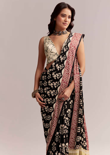 Black Linen Printed Saree With Hand Block Ajrakh Leaf Print
