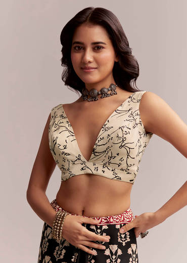 Black Linen Printed Saree With Hand Block Ajrakh Leaf Print