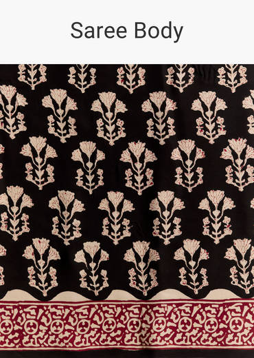 Black Linen Printed Saree With Hand Block Ajrakh Leaf Print