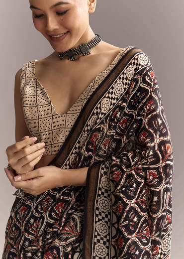 Black Linen Saree With Authentic Ajrakh Print And Maroon Border