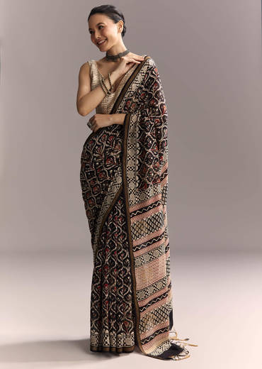 Black Linen Saree With Authentic Ajrakh Print And Maroon Border