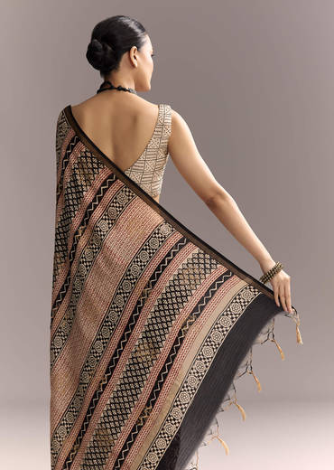 Black Linen Saree With Authentic Ajrakh Print And Maroon Border