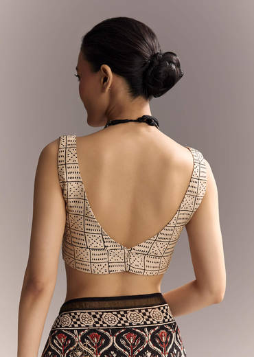 Black Linen Saree With Authentic Ajrakh Print And Maroon Border