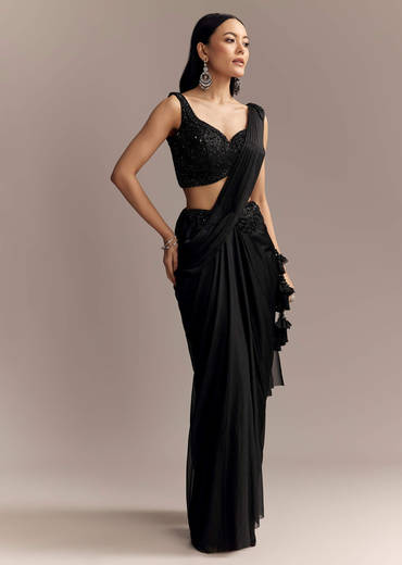 Black Lycra Ready Pleated Saree With Embroidery And Matching Blouse