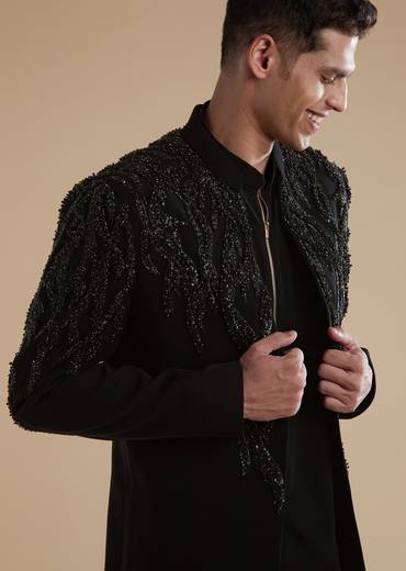 Black Mens Indowestern with Cut Dana Beads Sequins Detail Work