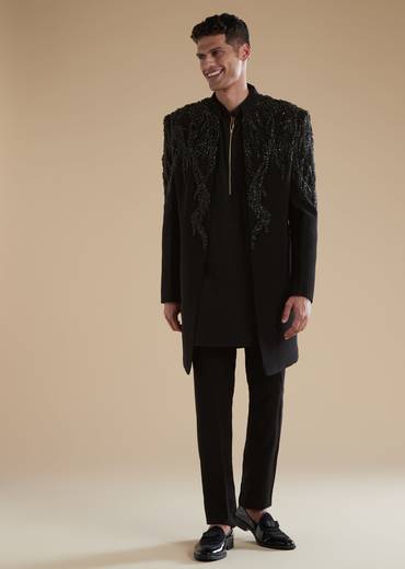 Black Mens Indowestern with Cut Dana Beads Sequins Detail Work