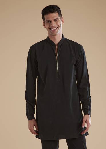 Black Mens Indowestern with Cut Dana Beads Sequins Detail Work