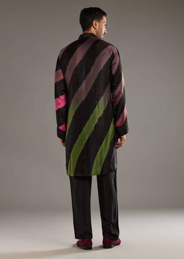 Black Modal Kurta Set For Men With Hand Dyed Leheriya Print