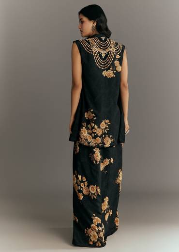 Black Muslin Croptop Set With Floral Printed Skirt Jacket