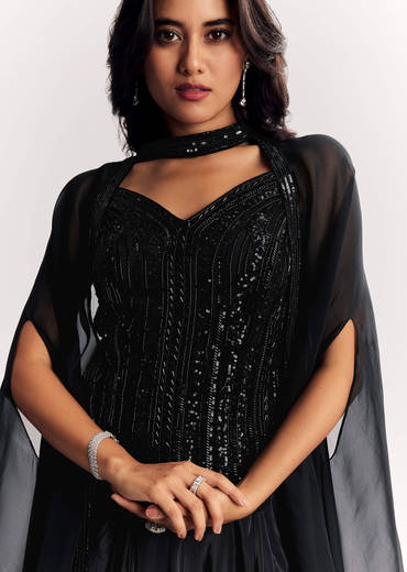 Black Organza Cape Suit With Sequins And Cutdana Embroidered Top