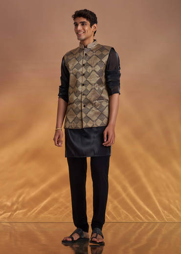 Black Organza Kurta Jacket Set With Self Embroidery