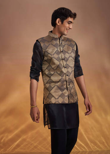 Black Organza Kurta Jacket Set With Self Embroidery