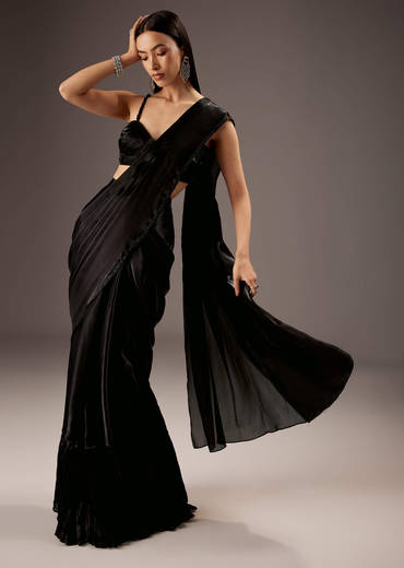 Black Organza Ready Pleated Saree