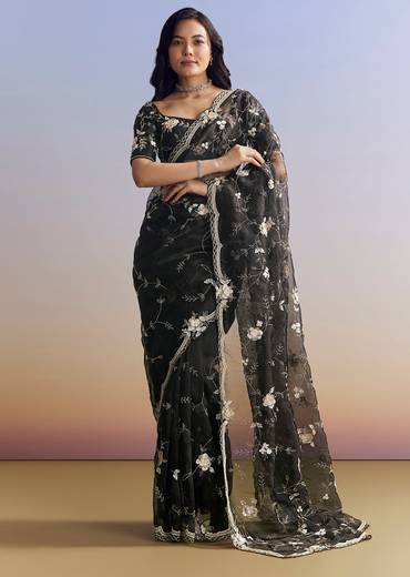 Black Organza Saree With All Over Floral Jaal Embroidery