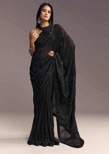 Black Organza Saree With Beaded Geometric Embroidery