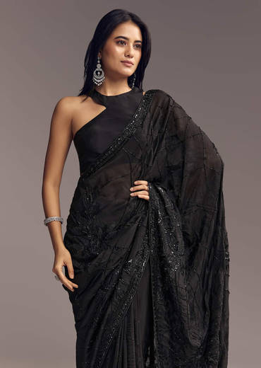 Black Organza Saree With Beaded Geometric Embroidery