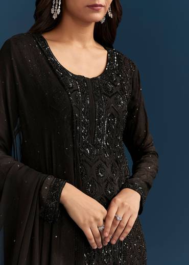 Black Pakistani Palazzo Suit With Sequins Embellished Kurta And Dupatta