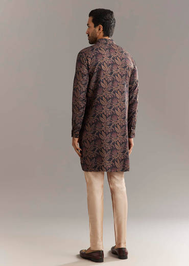 Black Pashmina Silk Kurta Set With Vine Prints