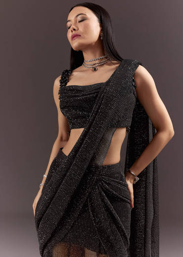 Black Pre Stitched Slit Saree With Cowl Blouse