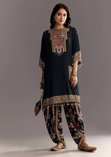 Black Printed Muslin Kurta Dhoti Set