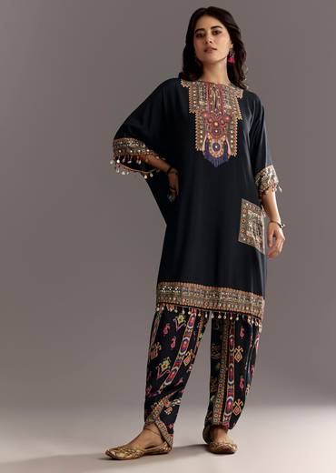 Black Printed Muslin Kurta Dhoti Set